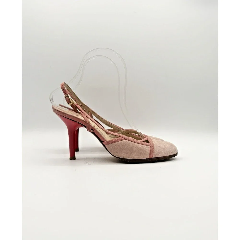 Chanel Pink Suede Slingback Heels Vintage Cap Toe Y2K Size EU 37.5
